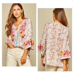 NWT! GORGEOUS BOUTIQUE CHAMELEON HAND EMBROIDERED V NECK TUNIC BLOUSE-LARGE